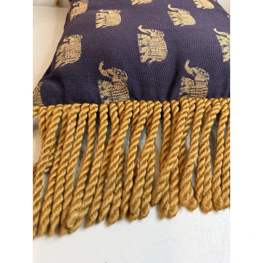 Boho Woven Brocade Elephant Throw Pillow Gold Fringe Purple Decorative Cushion